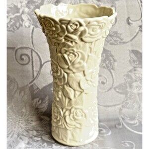 Vintage Lenox Floral Gallery Embossed Rose Vase Porcelain Cream 8.5" Cottagecore